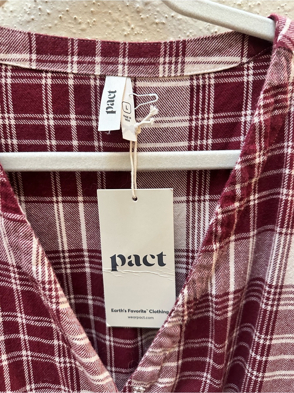 NWT Pact 100% Organic Cotton Lightweight Plaid Flannel V-Neck Midi Dress Red L - Picture 5 of 8